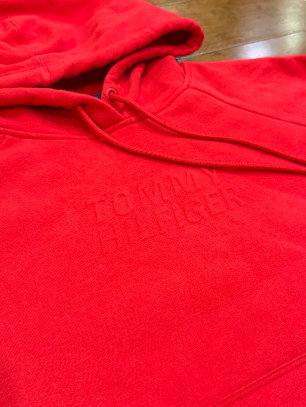 Vintage Tommy Hilfiger Hoodie Sweatshirt Small Red Embossed Logo Kangaroo Pocke